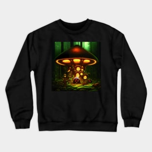 Magical Big Cottage Mushroom House with Lights in Forest with High Trees, Mushroom Aesthetic Crewneck Sweatshirt